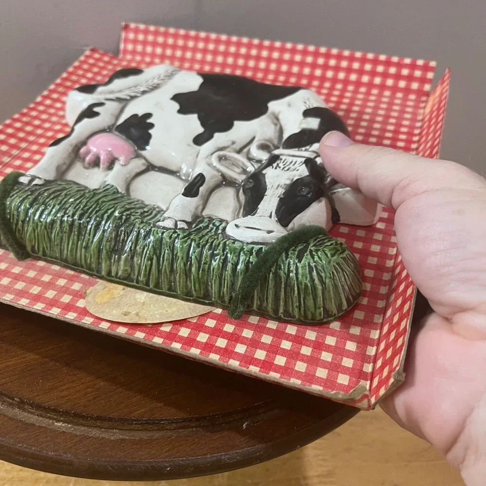 Vtg Farmhouse Mudlen Ceramic Holstein Cow Wall Plaque 3D Grazing Relief Country
